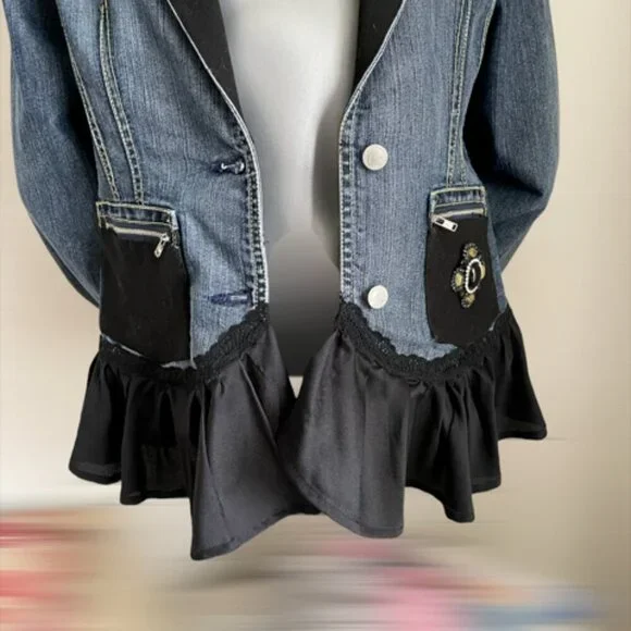 ☆ OOAK Refashioned Reworked Black Denim Steampunk Renaissance Jean Jacket Coat - Picture 10 of 11